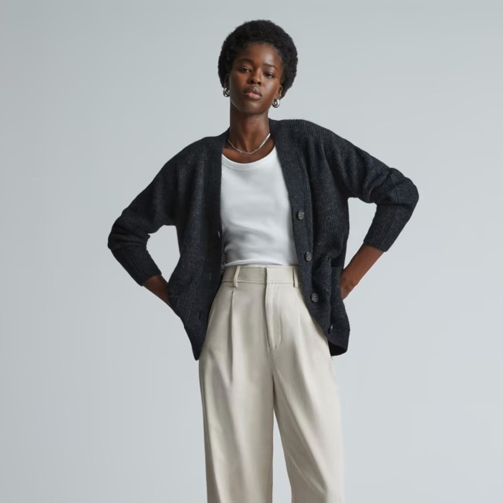 EVERLANE The Oversized Alpaca Cardigan Heathered Black Merino Wool Pockets Small